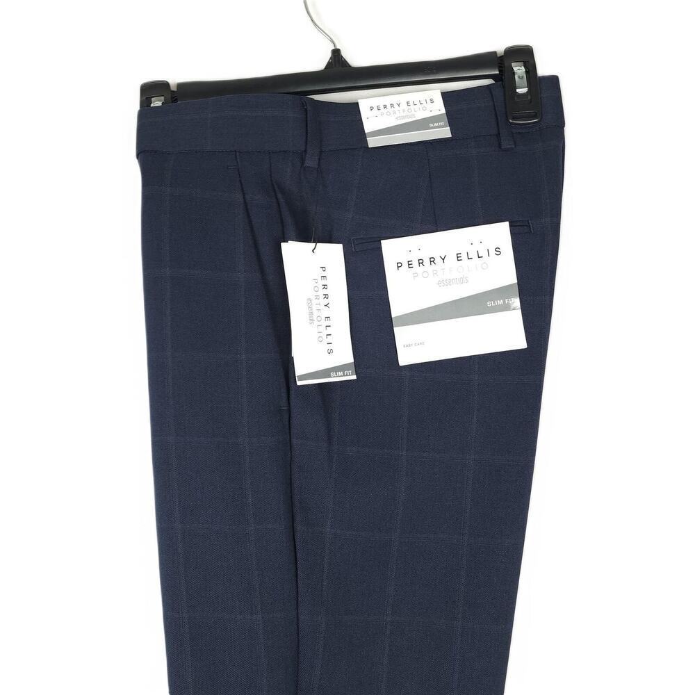 Perry Ellis Mens Slim Fit Dress Pants 30x30 Navy Windowpane Plaid Stretch Twill